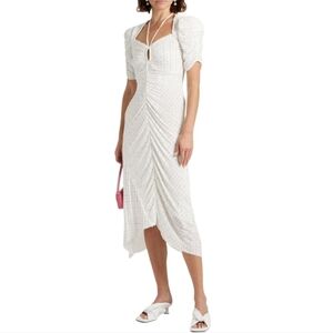 FRAME Ruched Tie-Neck Polka-Dot Midi Dress, White | Black, Medium, NWT